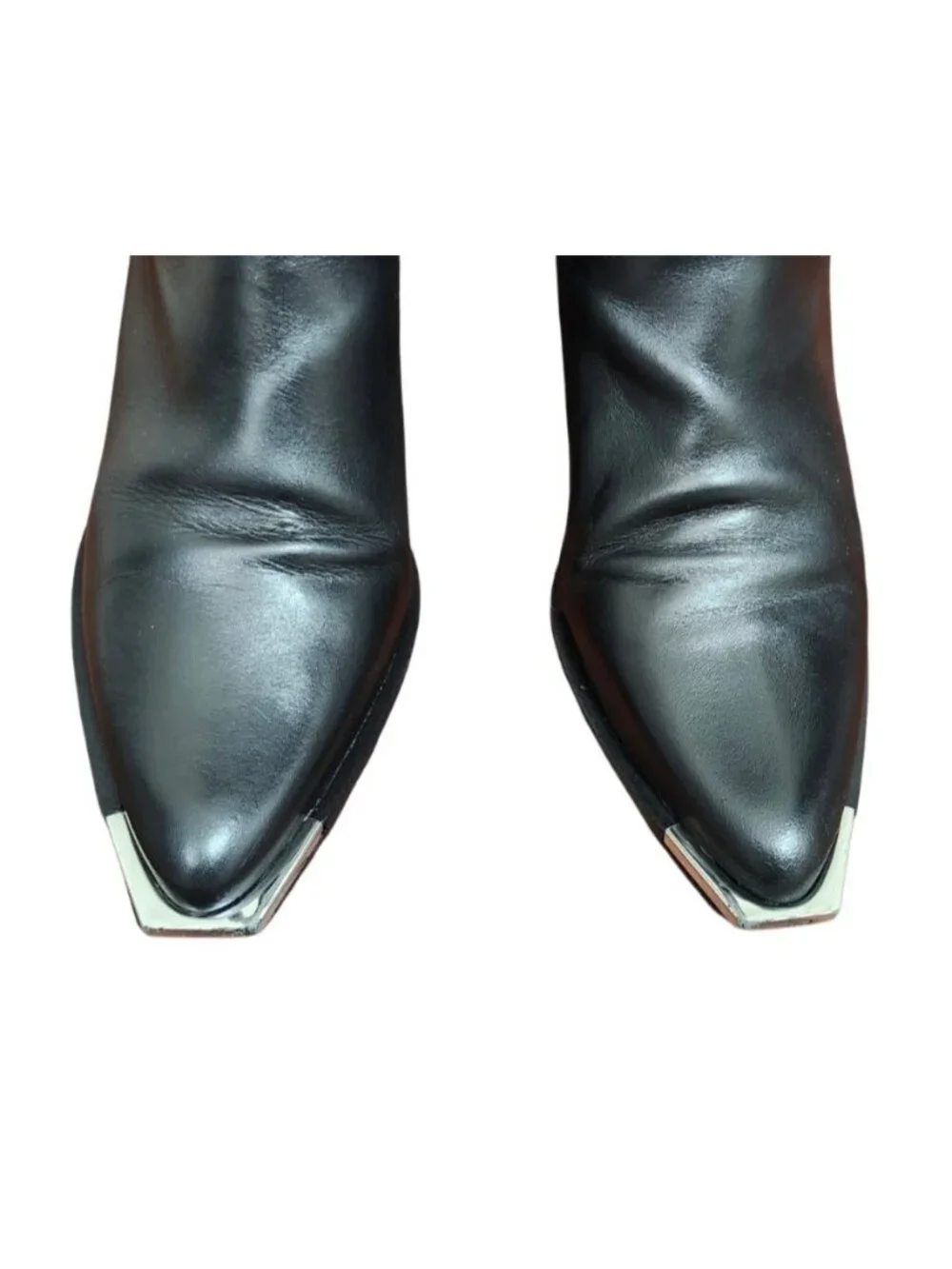 Schutz Black Leather Western Knee High Boots Silver Toe Cap Cowboy Riding 8.5B